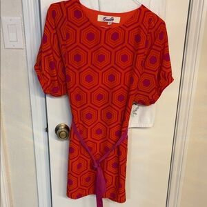 Emmalee For FC Vintage PreOwned Geometric Orange & Pink Belted Dress Size Small